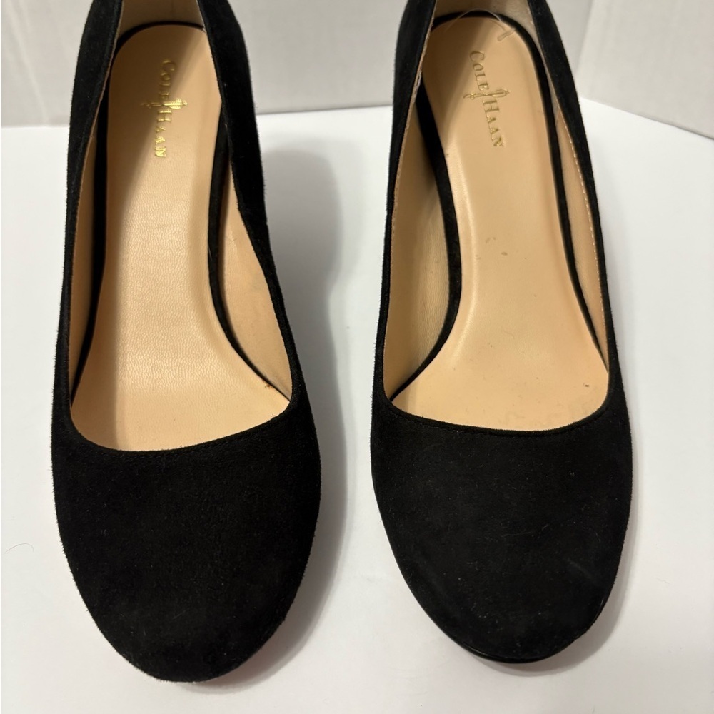 Cole Haan Lainey Ballet Black Suede Wedge Dress Heels w Nike‎ Comfort Sole Round - Picture 2 of 11